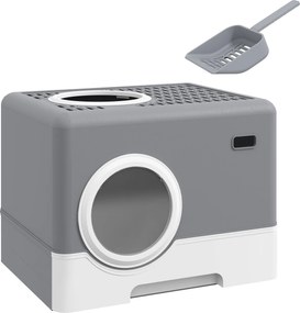 PawHut Caixa de Areia para Gatos com Pá Bandeja Removível 2 Portas Entrada Frontal e Saída Superior 52x41x38,5 cm Cinzento | Aosom Portugal