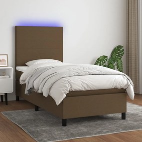 Cama box spring c/ colchão/LED 90x200 cm tecido castanho-escuro