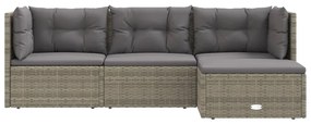 4 pcs conjunto lounge de jardim c/ almofadões vime PE cinzento