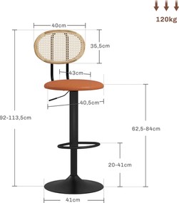 Conjunto de 2 bancos de bar com altura ajustável 40,5 x 52 x 92-113,5 cm, encosto em rattan e apoio para os pés, castanho
