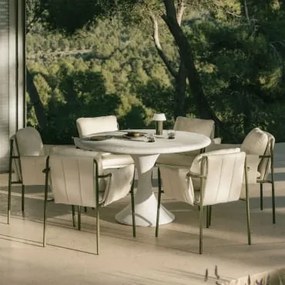 Conjunto De Mesa Redonda Ø120 Cm Em Cimento Eloria E 6 Cadeiras De Jardim Com Braços Estofadas E Em Aço Zunika Verde Azeitona Intenso - Sklum