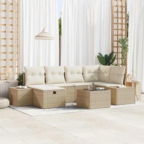 vidaXL Conjunto de Sofá de Jardim de 7 Peças com Almofadas Bege Polirattan