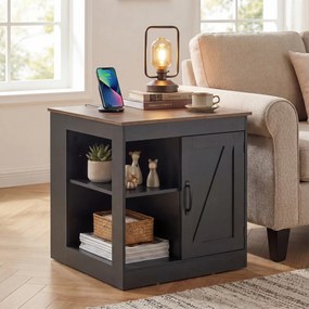 Mesa apoio, mesa cabeçeira Rústica 60 x 60 x 61 cm com Estação de Carregamento, com Porta Deslizante para Quarto e Sala Preto + Natural