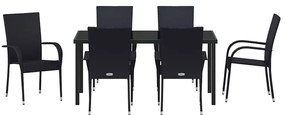 Conjunto de Jantar para Jardim 7 pcs Preto Rattan de PE