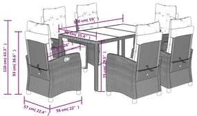 7 pcs conjunto de jantar p/ jardim c/ almofadões vime PE preto