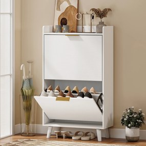 Sapateira com capacidade 70 L x 30 P x 120 A cm para 12 pares, armário estreito com 2 gavetas rebatíveis e prateleiras ajustáveis, branco