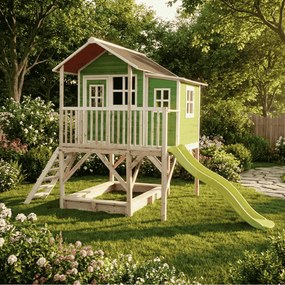 Casa de brincar infantil exterior para crianças Loft 550 em madeira com escorrega e caixa areia - Verde