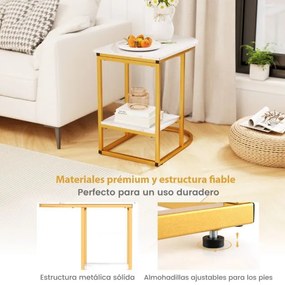 Mesa lateral moderna 60 x 40 x 60 cm em forma de C com tampo em mármore artificial e prateleira Branco + Dourado