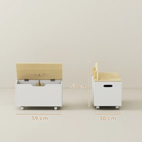 Baú de Brinquedos com Rodas com Tampa Abatível e Dobradiça de Segurança Desenho de Nuvem  59x30x53 cm Branco e Madeira
