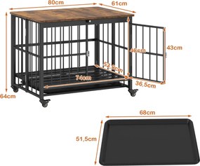 Gaiola dobrável para cães 80 cm x 61 cm x 64 cm com bandeja removível  resistente a mordidas com porta Rodas bloqueáveis Castanha