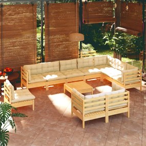 vidaXL 11 pcs conjunto lounge jardim c/ almofadões creme pinho maciço