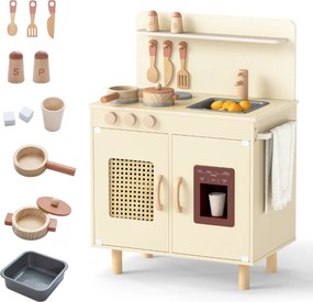 Cozinha infantil de madeira 52 x 31,5 x 73 cm com máquina de gelo realista e armazenamento para crianças com mais de 3 anos Amarela