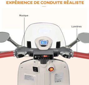 Scooter Vespa elétrica para crianças, 6 V, 108 L x 49 l x 75 H cm, música, buzina, 2 rodas auxiliares, 3-6 anos, Branca