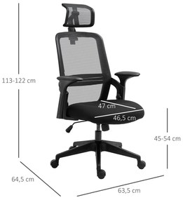 Cadeira de Escritório Ergonômica Giratória com Altura Ajustável Apoio para a Cabeça Suporte Lombar Reguláveis e Encosto Transpirável 63,5x64,5x113-122
