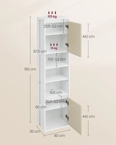 Armário de casa de banho suspenso com 7 compartimentos 30 x 40 x 160 cm Branco - bege natural