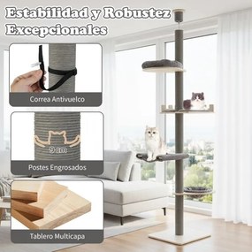 Árvore para gatos de 5 níveis, do chão ao teto, torre ajustável em madeira de 236-271 cm com cama em forma de cesta e postes para arranhar cinza