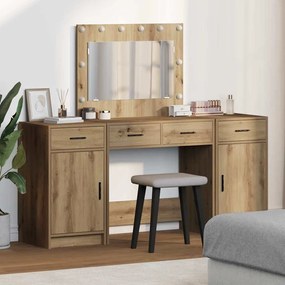 vidaXL Conjunto de Mesa de Maquilhagem de 3 Peças com LED Carvalho Artesanal Madeira Engenheirada
