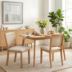 Conjunto de 2 cadeiras de sala de jantar e de cozinha com assento almofadado (MESA NÃO INCLUIDA), encosto com efeito de vime, nas cores creme e cor ca