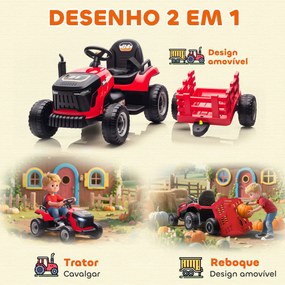 Trator Elétrico para Crianças com Reboque Desmontável Bateria 12V Velocidade 3-5 km/h Controle Remoto 2,4G 139x58x55 cm Vermelho
