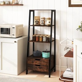 Estante em forma escada 52 x 39,5 x 134 cm com 4 prateleiras abertas e 2 gavetas Castanho Rústico + Preto