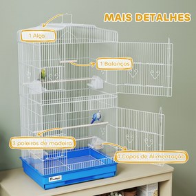 Gaiola para Pássaros Gaiola Metálica com 4 Tigelas de Comida 3 Poleiros Baloiço e Bandeja Removível Pega 46,5x35,5x92 cm Azul