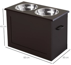Comedouro Elevado para Cães com 2 Tigelas de Aço Inoxidável e Espaço de Armazenamento Oculto 60x30x41 cm Castanho Escuro