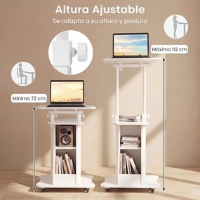 Pódio Móvel para Apresentações, 50 x 40 x 72-112 cm, Tampo Inclinável, Branco