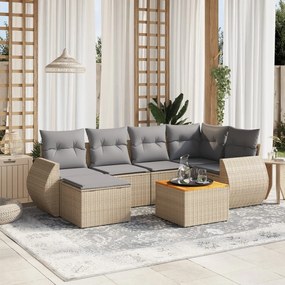 7 pcs conjunto de sofás p/ jardim com almofadões vime PE bege