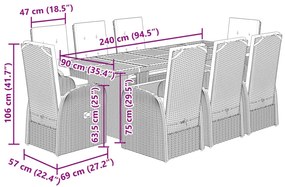 9 pcs conjunto de jantar p/ jardim c/ almofadões vime PE cinza