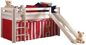 Conjunto Cama alta de Criança PINO 90 x 200 cm + estrado + escada + escorrega + cortina Circo Branca