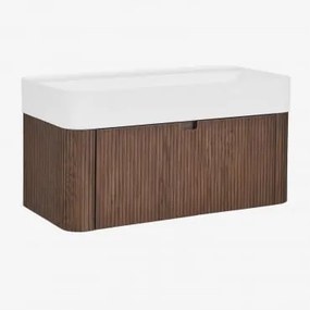 Conjunto De Móvel De Casa De Banho Suspenso 80x40 Cm Em Madeira Com Lavatório Integrado Saioa Madeira Escura - Sklum