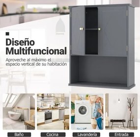Armário de casa de banho de Parede 60 x 21 x 75 cm com 2 Portas com Prateleira Aberta e Ajustável Cinza