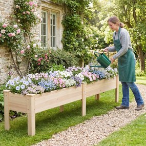 Floreira elevada de madeira retangular 240 x 43,5 x 51,5 cm com pés e orifícios de drenagem para horta urbana exterior, ideal para legumes e flores –
