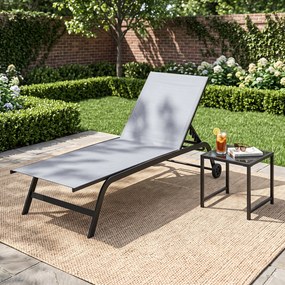 Conjunto de 2 Peças, Espreguiçadeira de Exterior e Mesa Auxiliar, 188-164 x 69 x 36-101 cm, Encosto Regulável em Seis Posições, Cinzento