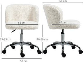 Cadeira de escritório sem braços, em pele de cordeiro, com altura ajustável, giratória a 360°, carga máxima de 120 kg, branca