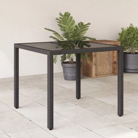 vidaXL Mesa de jardim com tampo de vidro 90x90x75 cm vime PE preto