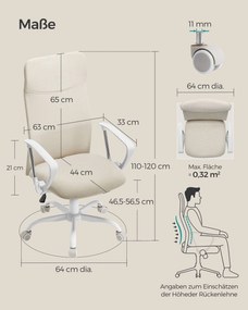 Cadeira de escritório, estofada, regulável em altura e inclinável, bege cappuccino