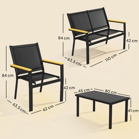 Conjunto de Jardim Exterior de 4 Peças com Sofá de 2 Lugares 2 Cadeiras e Mesa de Vidro Temperado Tecido Textilene Preto