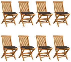 Cadeiras de jardim c/ almofadões cinza-acast. 8 pcs teca maciça