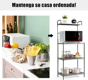 Prateleira de arrumação para cozinha 4 níveis com Prateleira para micro-ondas com estrutura metálica 60 x 34,5 x 136 cm Cinzento