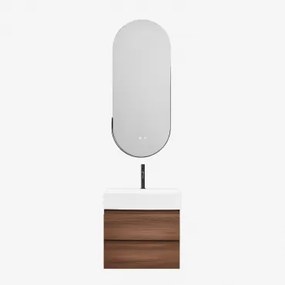 Conjunto De Móvel De Casa De Banho Em Madeira E Chapa De Freixo Com Lavatório Integrado Ona Madeira Escura & Ovalado Led E - Sklum