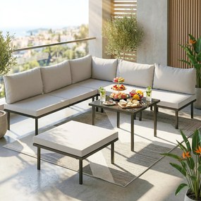 Conjunto de Jardim Exterior de 6 peças com Sofá de 2 Lugares Módulo de Canto 2 Assentos Apoio para Pés e Mesa de Vidro Cinza Claro