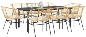 Conjunto jantar jardim 9 peças almofadas vidro vime PE castanho