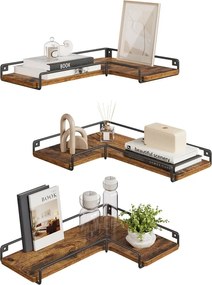 Conjunto de 3 prateleiras de parede em forma de L com design industrial em castanho vintage