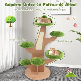 Arranhador para gatos Altura 128 cm com tábua de arranhar Topo Poleiro de pelúcia e plataformas de salto Torre de madeira para gatos Verde