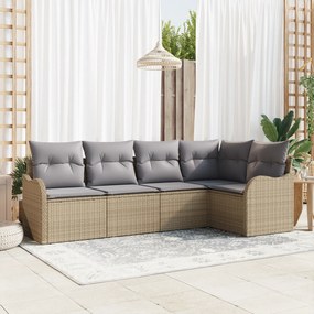 Conjunto de Sofá Jardim de 5 Peças com Almofadas Bege Polirattan
