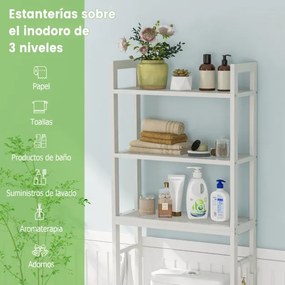 Estante casa de banho sobre a sanita de metal que economiza espaço com 3 ganchos e 3 níveis 63 x 26,5 x 170 cm Branco