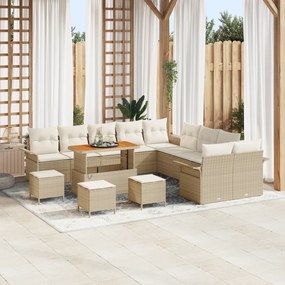 Conjunto de Sofá de Jardim com 14 Peças e Almofadas Bege Rattan Acácia