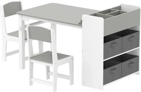 Conjunto de mesa e 2 cadeiras infantis em madeira com rolo de papel, prateleiras e gavetas, para meninas e meninos dos 3 aos 8 anos, cinzento