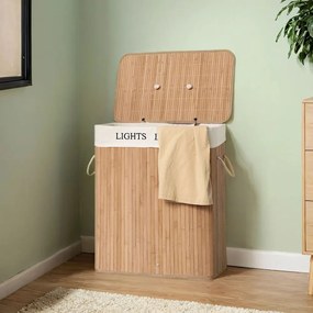 Cesto para roupa suja em bambu com 2 compartimentos de 52 x 63 x 32 cm bege